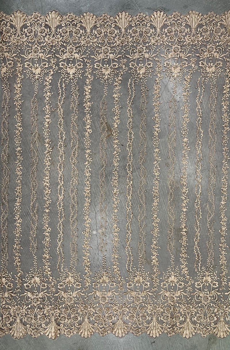 Daphne CHAMPAGNE GOLD Faux Pearls Beaded Flowers and Vines Lace Embroidery on Mesh Fabric by the Yard - 10103
