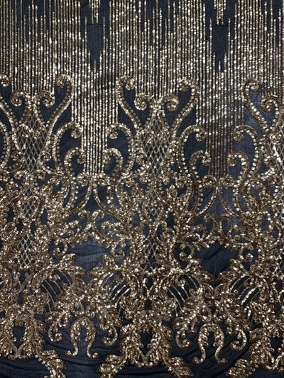 Angelica GOLD Curlicues and Leaves Sequins on BLACK Mesh Lace Fabric by the Yard - 10132