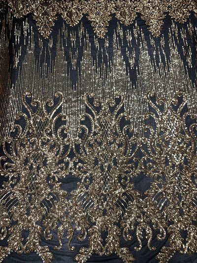 Angelica GOLD Curlicues and Leaves Sequins on BLACK Mesh Lace Fabric by the Yard - 10132