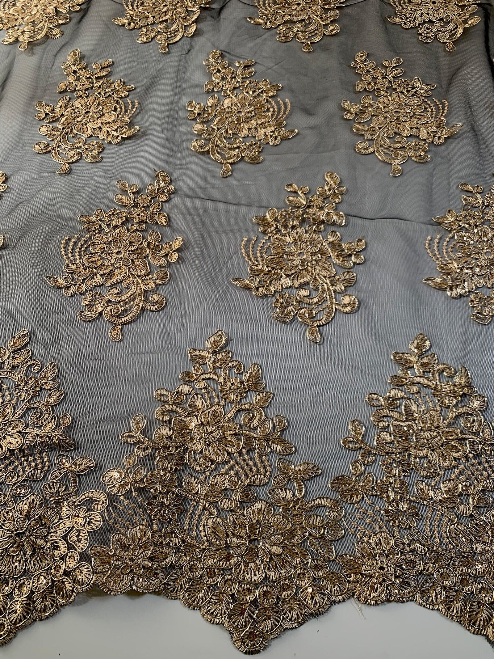 Brianna GOLD Polyester Floral Embroidery with Sequins on BLACK Mesh Lace Fabric by the Yard - 10020