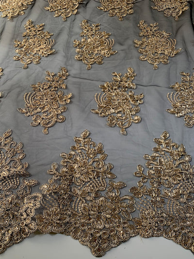 Brianna GOLD Polyester Floral Embroidery with Sequins on BLACK Mesh Lace Fabric by the Yard - 10020