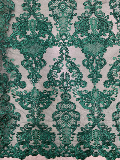 Vivian HUNTER GREEN Polyester Embroidery with Sequins on Mesh Lace Fabric by the Yard for Gown, Wedding, Bridesmaid, Prom - 10003