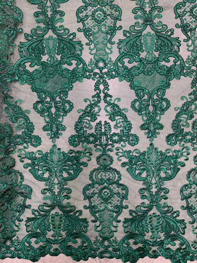 Vivian HUNTER GREEN Polyester Embroidery with Sequins on Mesh Lace Fabric by the Yard for Gown, Wedding, Bridesmaid, Prom - 10003