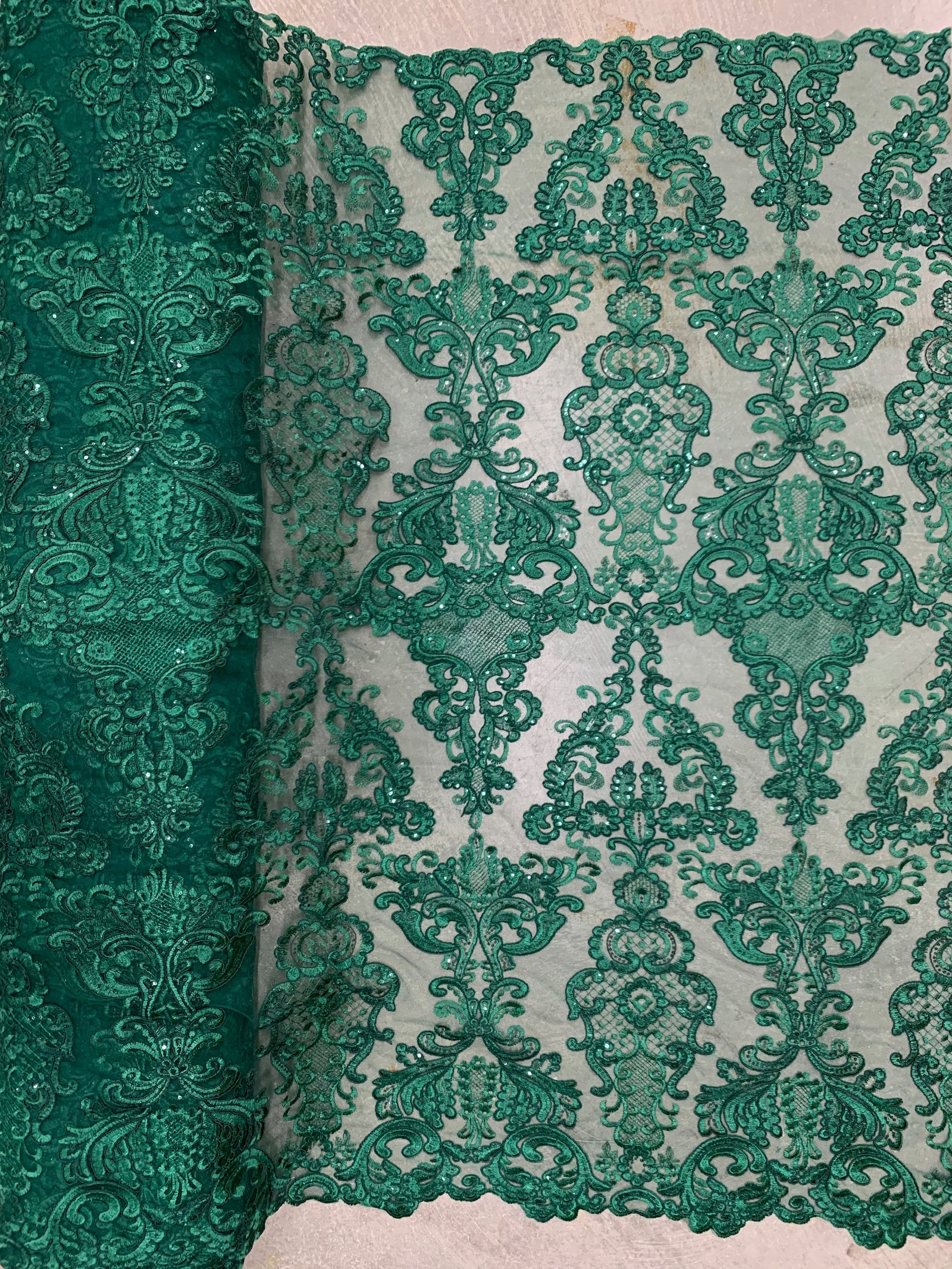 Vivian HUNTER GREEN Polyester Embroidery with Sequins on Mesh Lace Fabric by the Yard for Gown, Wedding, Bridesmaid, Prom - 10003