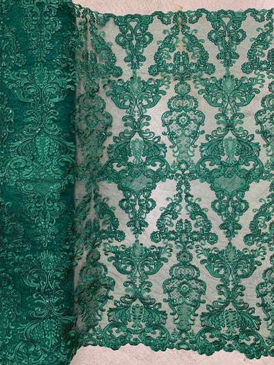 Vivian HUNTER GREEN Polyester Embroidery with Sequins on Mesh Lace Fabric by the Yard for Gown, Wedding, Bridesmaid, Prom - 10003