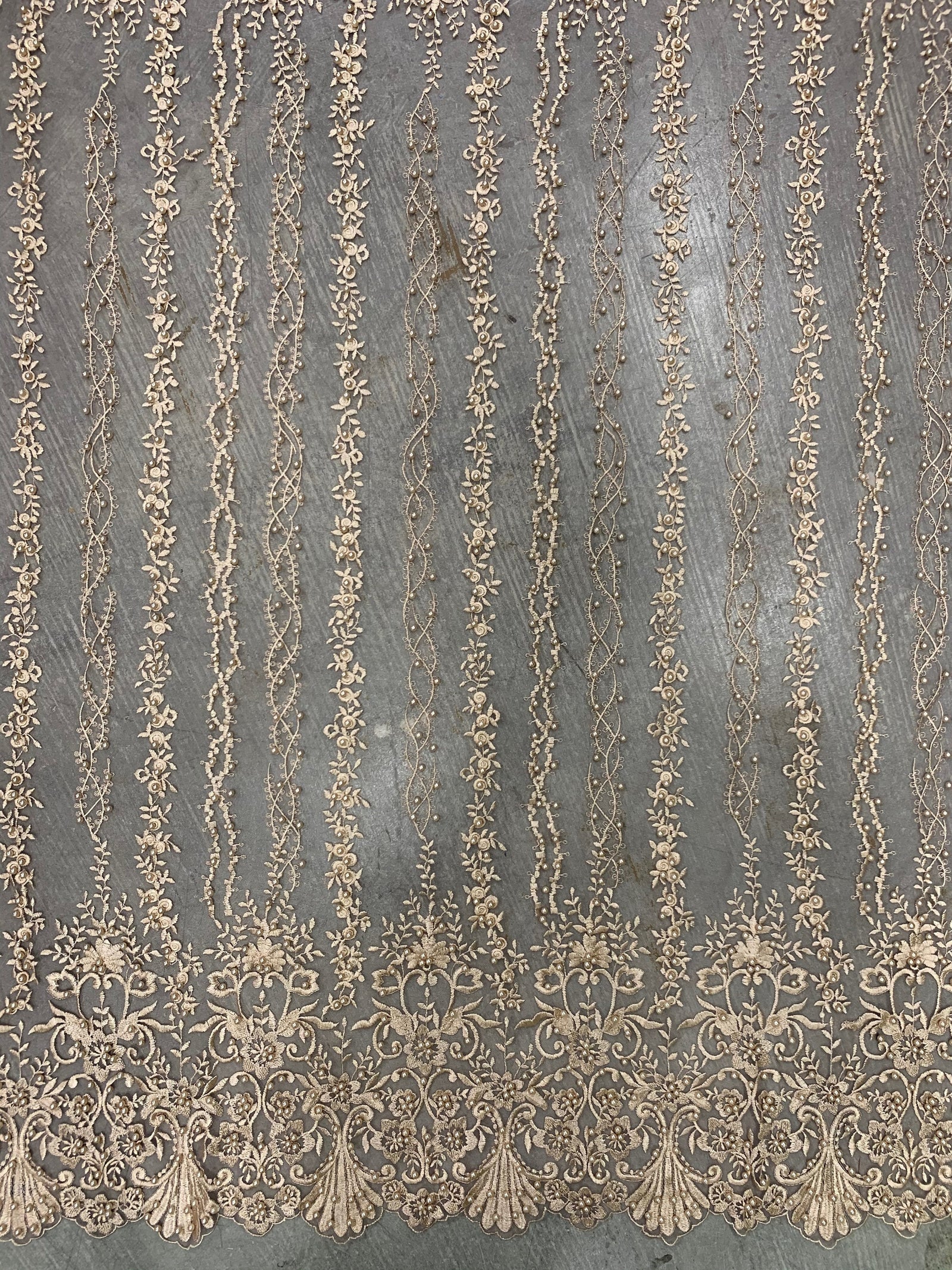 Daphne CHAMPAGNE GOLD Faux Pearls Beaded Flowers and Vines Lace Embroidery on Mesh Fabric by the Yard - 10103