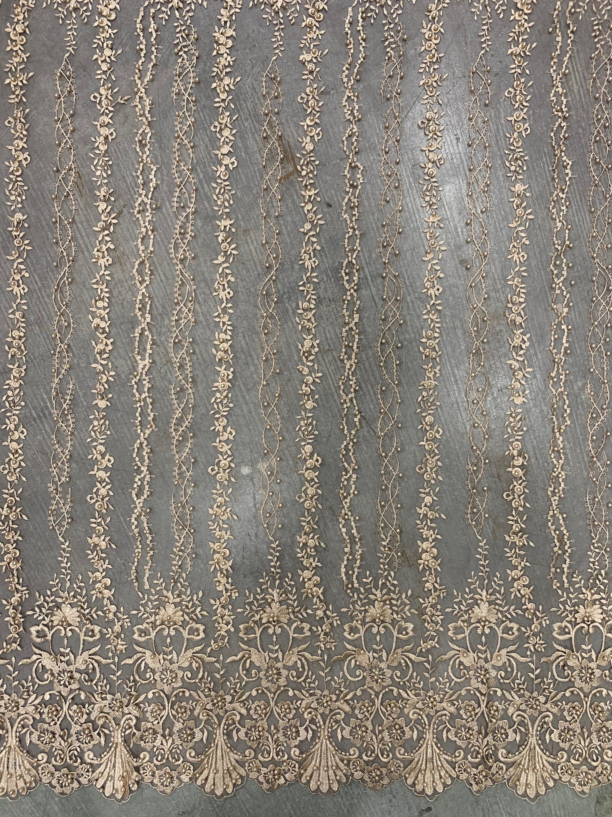 Daphne CHAMPAGNE GOLD Faux Pearls Beaded Flowers and Vines Lace Embroidery on Mesh Fabric by the Yard - 10103