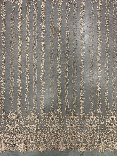 Daphne CHAMPAGNE GOLD Faux Pearls Beaded Flowers and Vines Lace Embroidery on Mesh Fabric by the Yard - 10103