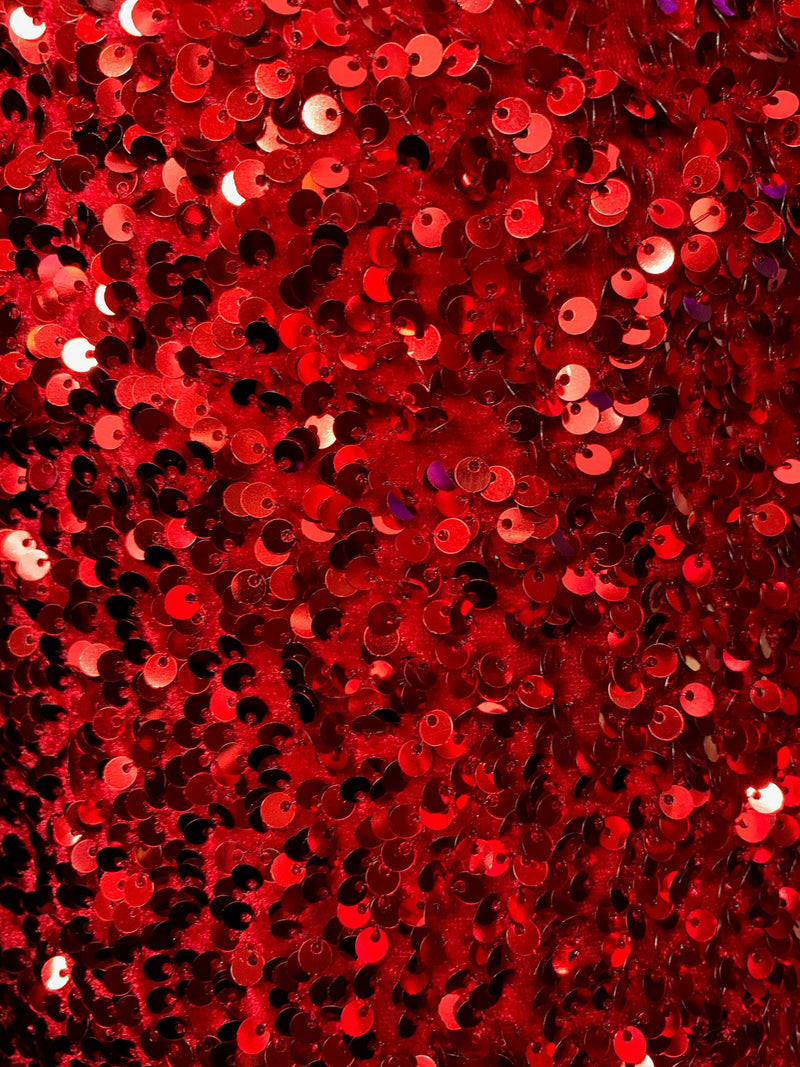 Stephanie RED Overlap Sequins on RED Stretch Velvet Fabric by the Yard for Gowns, Apparel, Costumes, Crafts - 10185