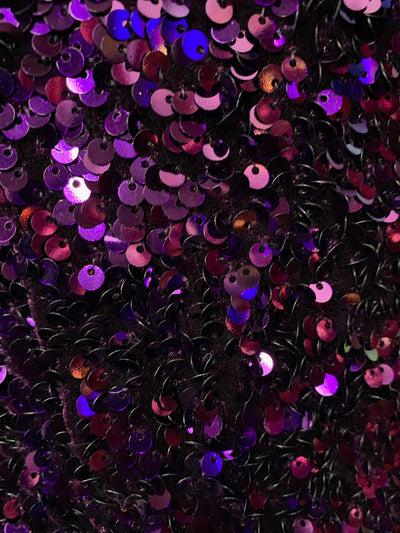 Stephanie PURPLE Overlap Sequins on PURPLE Stretch Velvet Fabric by the Yard for Gowns, Apparel, Costumes, Crafts - 10185