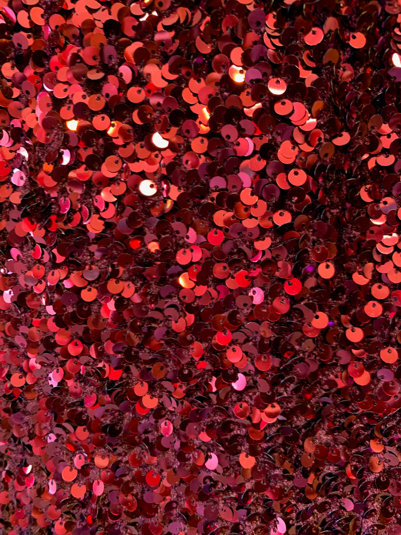 Stephanie BURGUNDY Overlap Sequins on BURGUNDY Stretch Velvet Fabric by the Yard for Gowns, Apparel, Costumes, Crafts - 10185