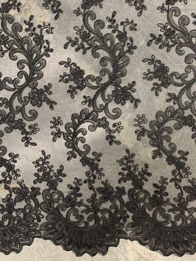Melody BLACK Polyester Floral Embroidery with Sequins on Mesh Lace Fabric by the Yard for Gown, Wedding, Bridesmaid, Prom - 10002