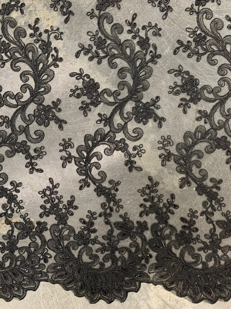 Melody BLACK Polyester Floral Embroidery with Sequins on Mesh Lace Fabric by the Yard for Gown, Wedding, Bridesmaid, Prom - 10002