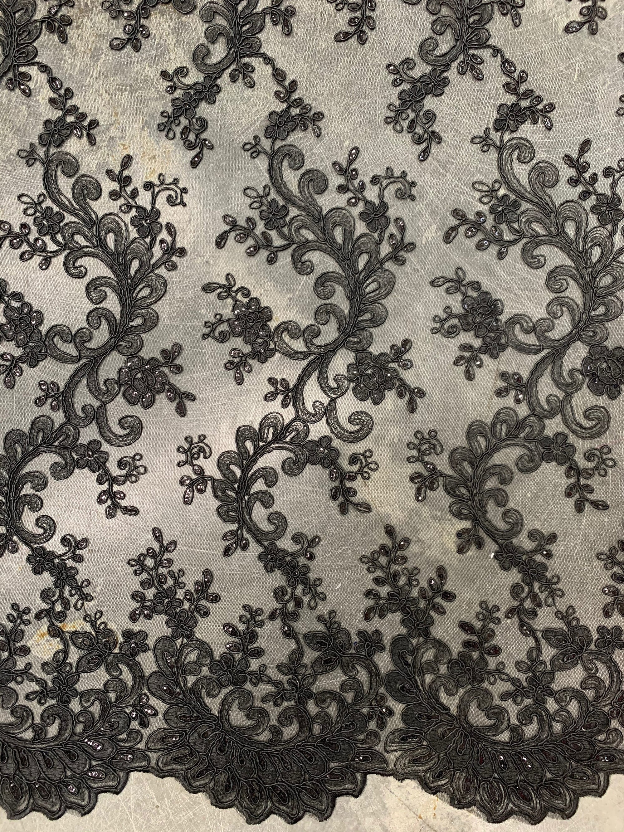Melody BLACK Polyester Floral Embroidery with Sequins on Mesh Lace Fabric by the Yard for Gown, Wedding, Bridesmaid, Prom - 10002