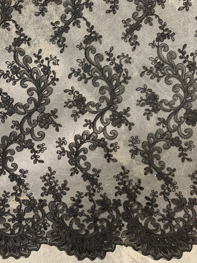 Melody BLACK Polyester Floral Embroidery with Sequins on Mesh Lace Fabric by the Yard for Gown, Wedding, Bridesmaid, Prom - 10002