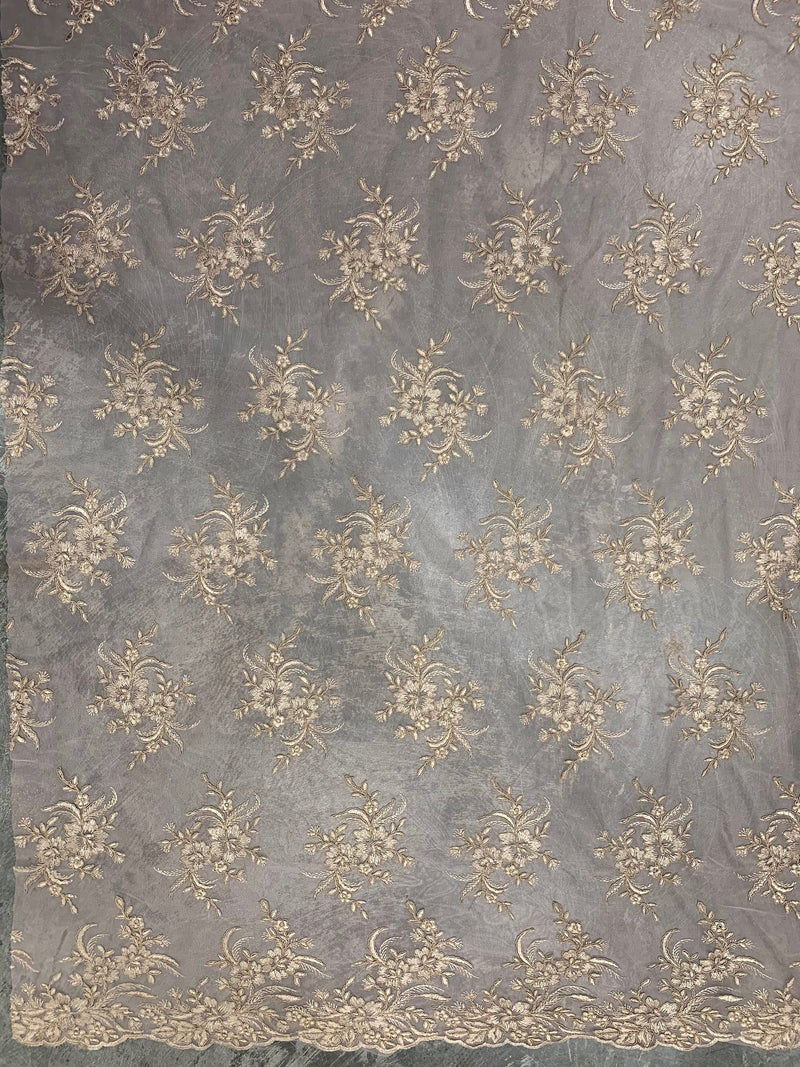 Callie LIGHT TAUPE Polyester Floral Corsage Embroidery on Mesh Lace Fabric by the Yard - 10025