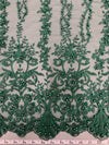 Daphne HUNTER GREEN Faux Pearls Beaded Flowers and Vines Lace Embroidery on Mesh Fabric by the Yard - 10103