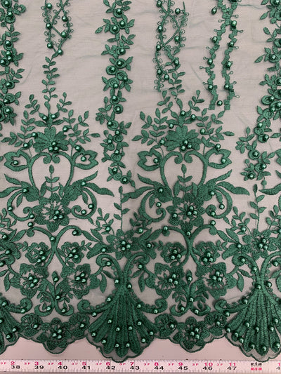 Daphne HUNTER GREEN Faux Pearls Beaded Flowers and Vines Lace Embroidery on Mesh Fabric by the Yard - 10103