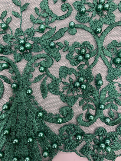 Daphne HUNTER GREEN Faux Pearls Beaded Flowers and Vines Lace Embroidery on Mesh Fabric by the Yard - 10103