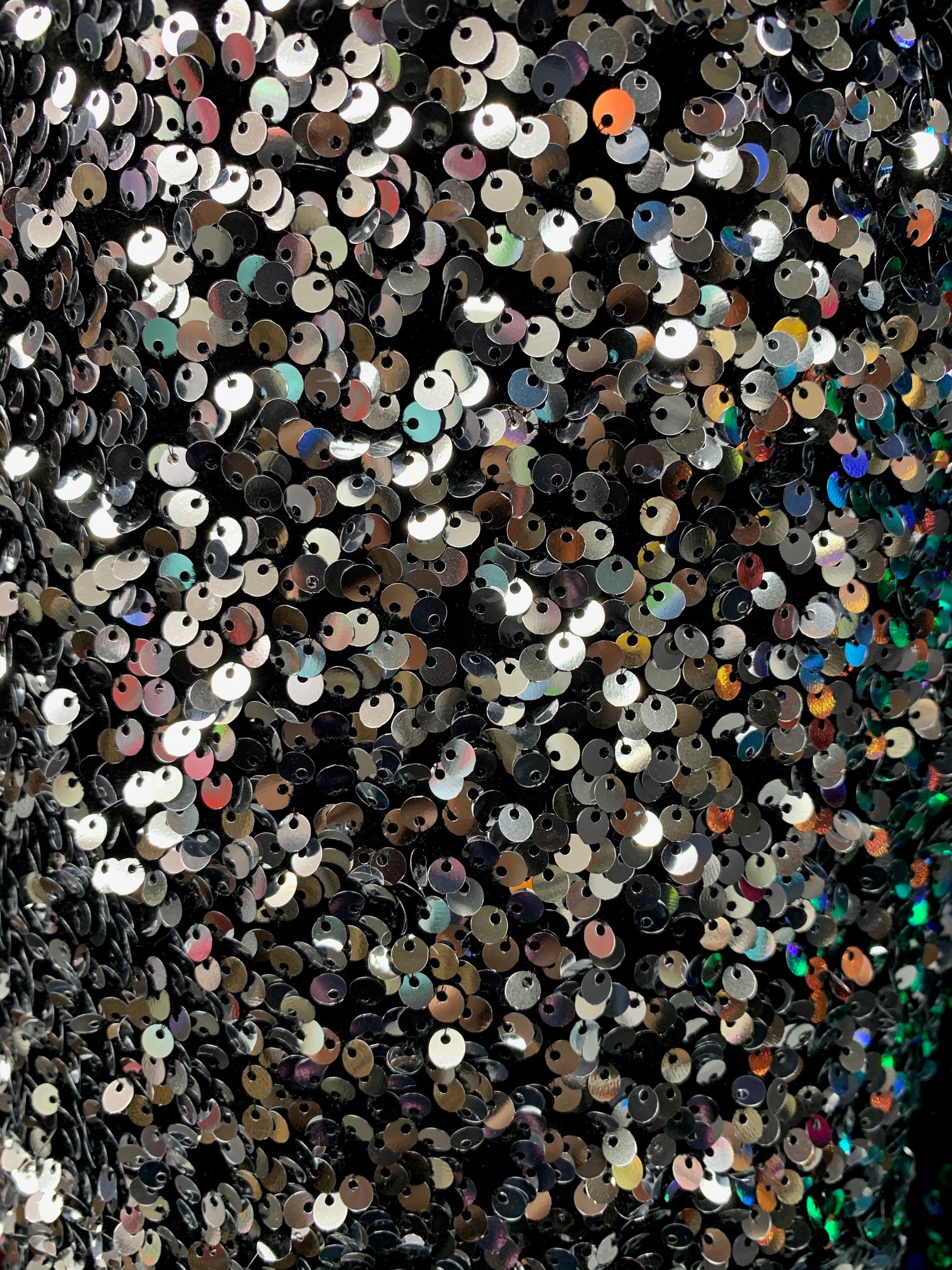 Stephanie SILVER Overlap Sequins on BLACK Stretch Velvet Fabric by the Yard for Gowns, Apparel, Costumes, Crafts - 10185