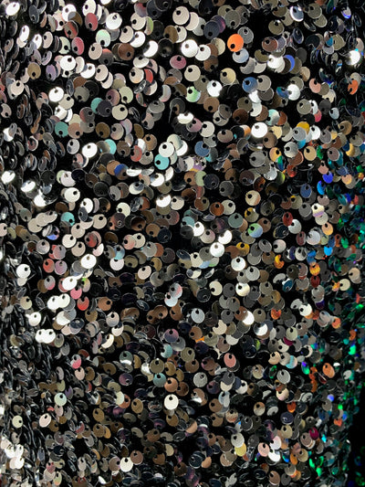 Stephanie SILVER Overlap Sequins on BLACK Stretch Velvet Fabric by the Yard for Gowns, Apparel, Costumes, Crafts - 10185