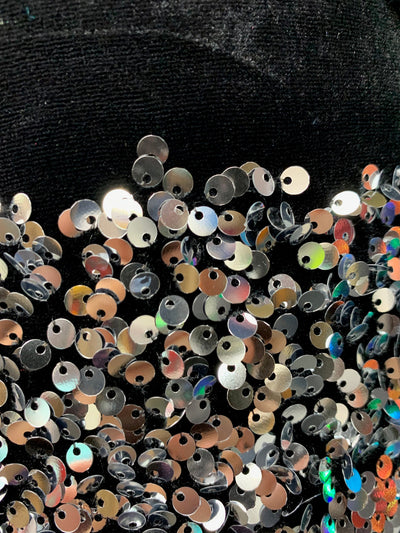 Stephanie SILVER Overlap Sequins on BLACK Stretch Velvet Fabric by the Yard for Gowns, Apparel, Costumes, Crafts - 10185