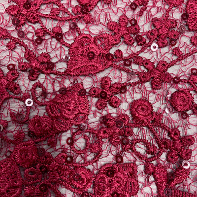 Braelyn BURGUNDY Polyester Floral Embroidery with Sequins on Web Mesh Lace Fabric by the Yard for Gown, Wedding, Bridesmaid, Prom - 10166