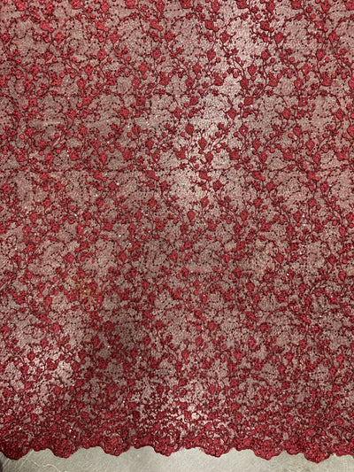 Braelyn BURGUNDY Polyester Floral Embroidery with Sequins on Web Mesh Lace Fabric by the Yard for Gown, Wedding, Bridesmaid, Prom - 10166