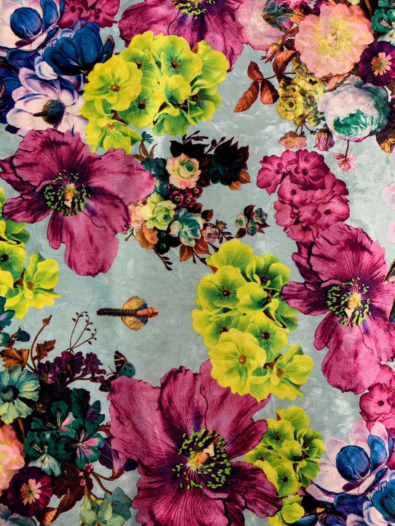 Beatrice FLORAL Print 8 on AQUA Polyester Crushed Stretch Velvet Fabric for Bows, Topknot, Scrunchies, Clothes, Costumes, Crafts - 10168