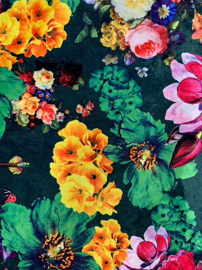 Beatrice FLORAL Print 9 on HUNTER GREEN Polyester Crushed Stretch Velvet Fabric for Bows, Scrunchies, Clothes, Costumes, Crafts - 10168