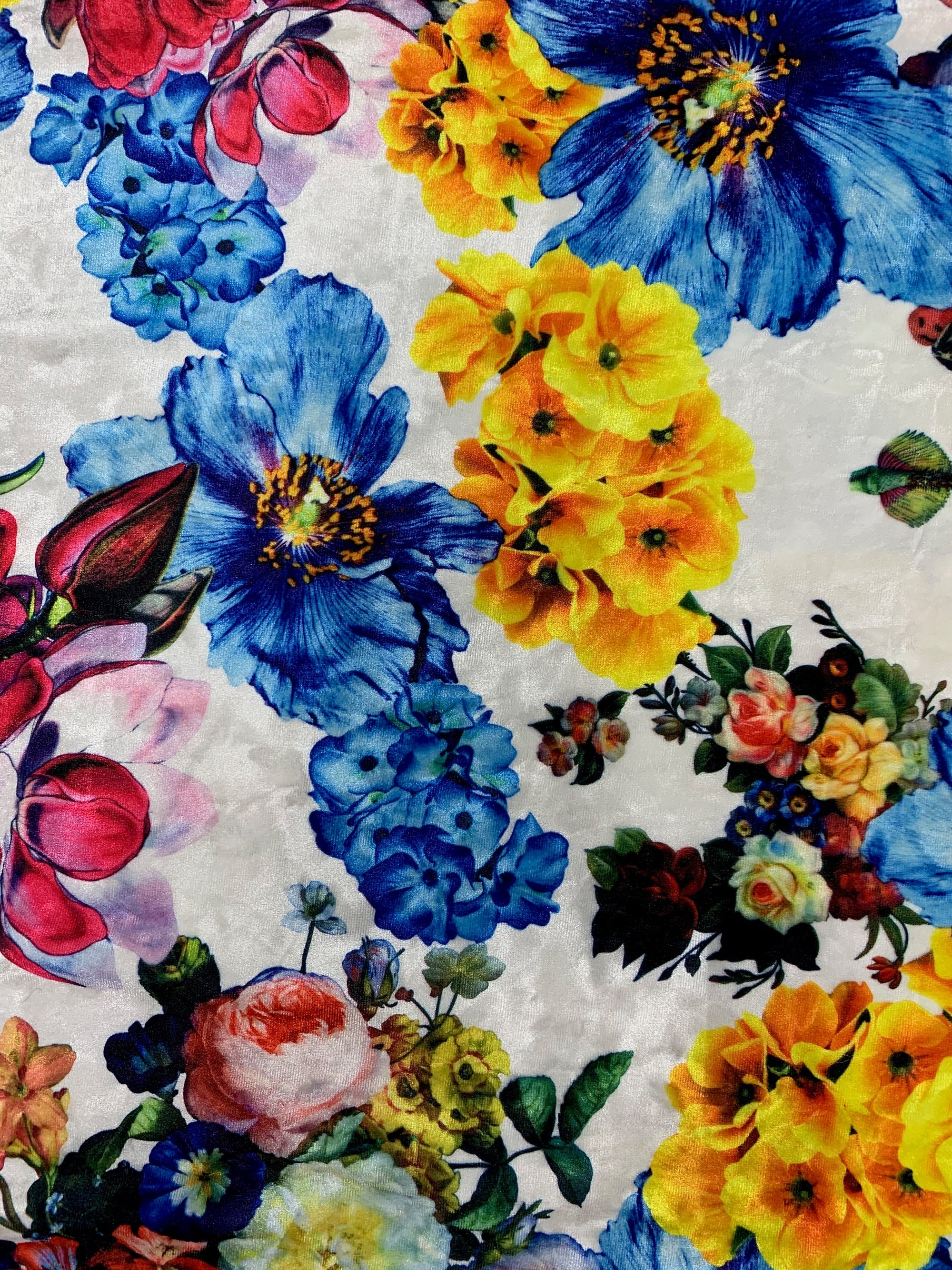 Beatrice FLORAL Print 10 on WHITE Polyester Crushed Stretch Velvet Fabric for Bows, Topknot, Scrunchies, Clothes, Costumes, Crafts - 10168