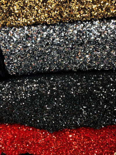 Stephanie BLACK Overlap Sequins on BLACK Stretch Velvet Fabric by the Yard for Gowns, Apparel, Costumes, Crafts - 10185