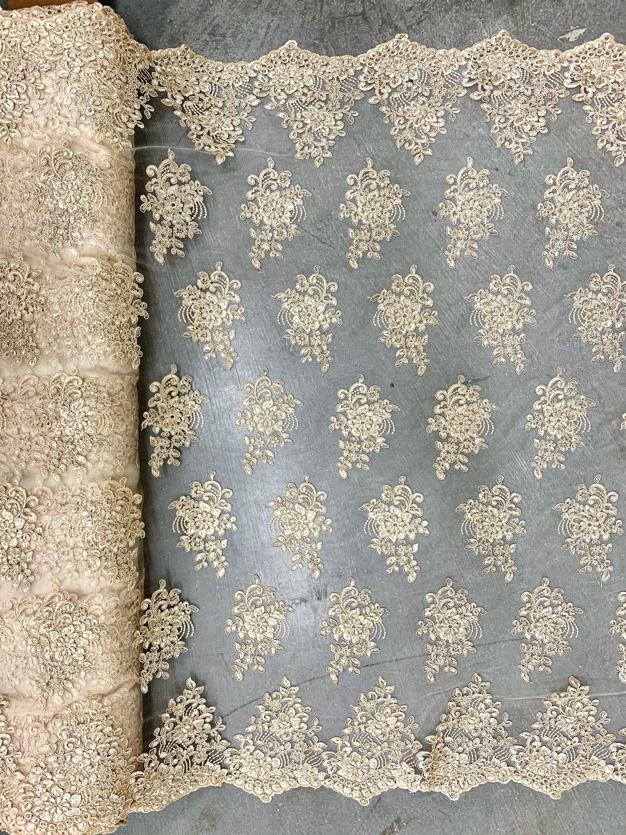Brianna CHAMPAGNE Polyester Floral Embroidery with Sequins on Mesh Lace Fabric by the Yard - 10020