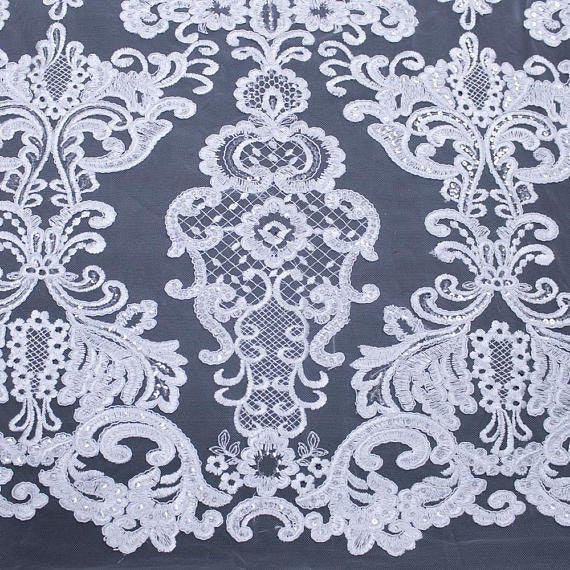 Vivian WHITE Polyester Embroidery with Sequins on Mesh Lace Fabric by the Yard for Gown, Wedding, Bridesmaid, Prom - 10003