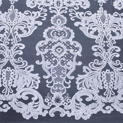 Vivian WHITE Polyester Embroidery with Sequins on Mesh Lace Fabric by the Yard for Gown, Wedding, Bridesmaid, Prom - 10003