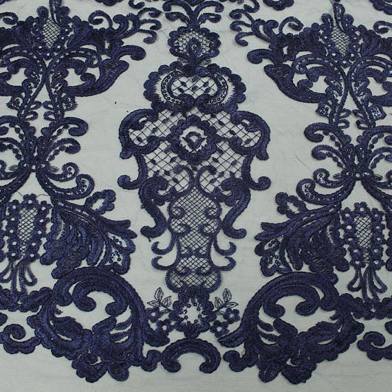 Vivian NAVY BLUE Polyester Embroidery with Sequins on Mesh Lace Fabric by the Yard for Gown, Wedding, Bridesmaid, Prom - 10003