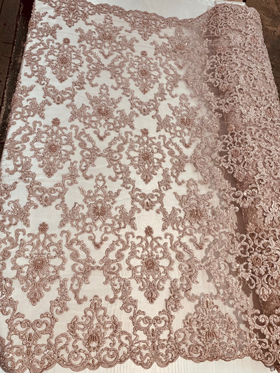 Helena DUSTY PINK Embroidered Damask Pattern with Faux Pearls and Beads on Mesh Lace Fabric by the Yard - 10139