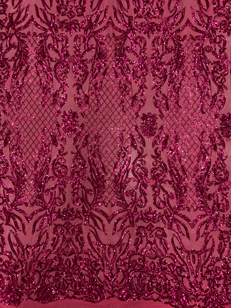 Phoebe DARK PINK Sequins on Dark Pink Mesh Lace Fabric by the Yard - 10062
