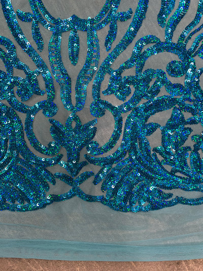 Phoebe IRIDESCENT TURQUOISE Sequins on Mesh Lace Fabric by the Yard - 10062
