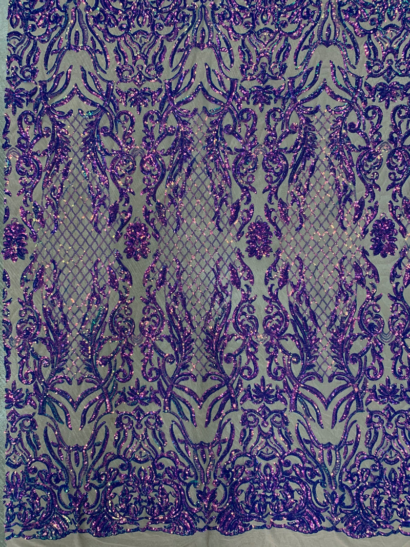 Phoebe IRIDESCENT PURPLE Sequins on NUDE Mesh Lace Fabric by the Yard - 10062