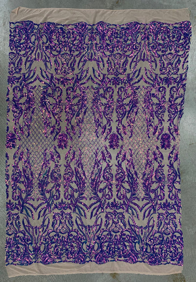 Phoebe IRIDESCENT PURPLE Sequins on NUDE Mesh Lace Fabric by the Yard - 10062