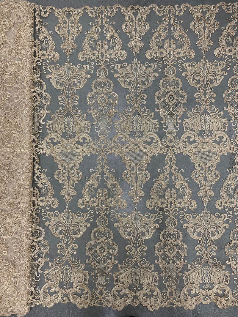 Vivian CHAMPAGNE Polyester Embroidery with Sequins on Mesh Lace Fabric by the Yard for Gown, Wedding, Bridesmaid, Prom - 10003