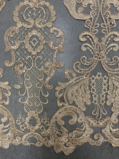 Vivian CHAMPAGNE Polyester Embroidery with Sequins on Mesh Lace Fabric by the Yard for Gown, Wedding, Bridesmaid, Prom - 10003