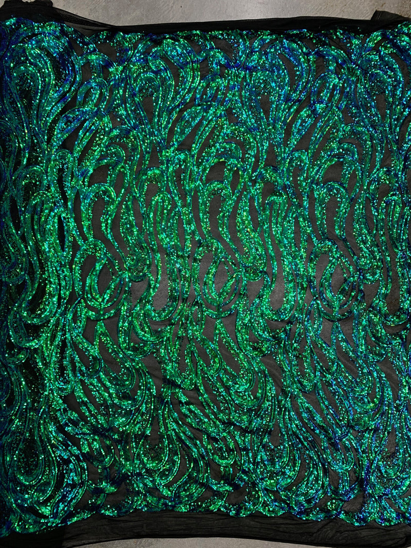 Lorelei IRIDESCENT GREEN BLUE Mermaid Swirls Sequins on Mesh Lace Fabric by the Yard - 10133