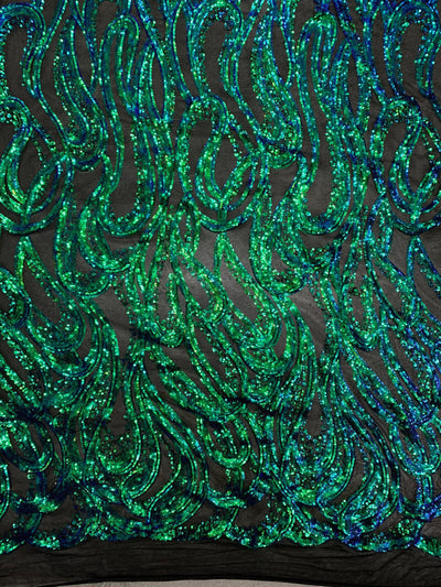 Lorelei IRIDESCENT GREEN BLUE Mermaid Swirls Sequins on Mesh Lace Fabric by the Yard - 10133