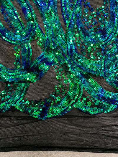 Lorelei IRIDESCENT GREEN BLUE Mermaid Swirls Sequins on Mesh Lace Fabric by the Yard - 10133