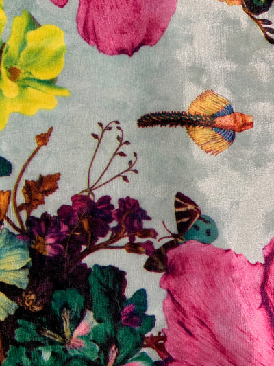 Beatrice FLORAL Print 8 on AQUA Polyester Crushed Stretch Velvet Fabric for Bows, Topknot, Scrunchies, Clothes, Costumes, Crafts - 10168