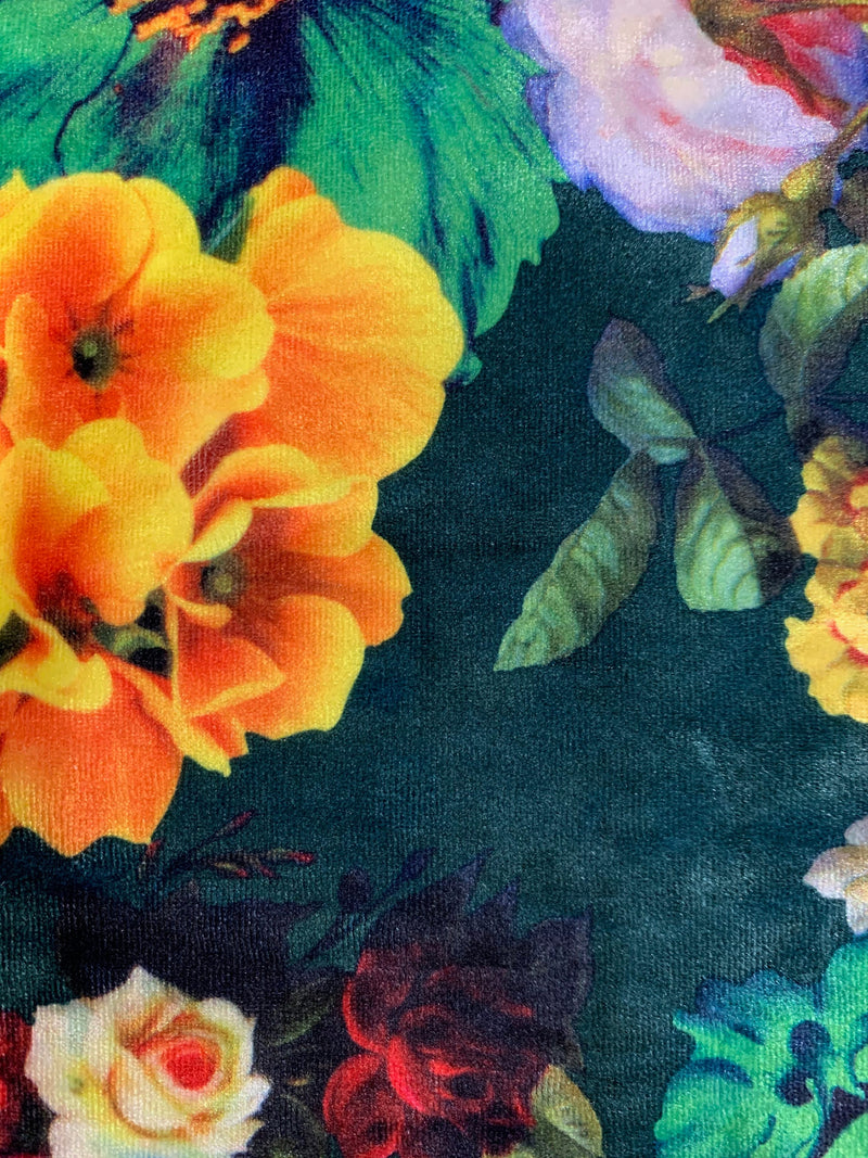Beatrice FLORAL Print 9 on HUNTER GREEN Polyester Crushed Stretch Velvet Fabric for Bows, Scrunchies, Clothes, Costumes, Crafts - 10168
