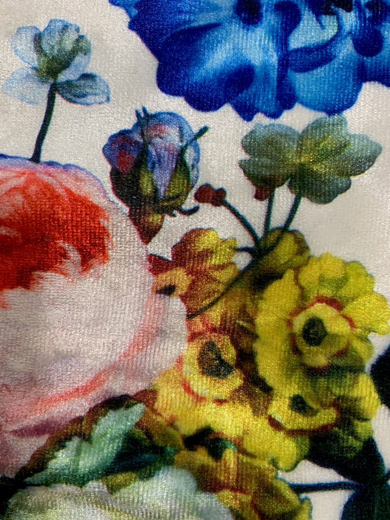 Beatrice FLORAL Print 10 on WHITE Polyester Crushed Stretch Velvet Fabric for Bows, Topknot, Scrunchies, Clothes, Costumes, Crafts - 10168