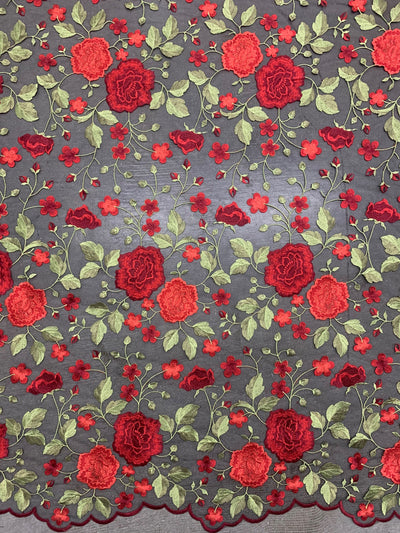 Iris RED Floral and Leaves Embroidery on BLACK Mesh Lace Fabric by the Yard - 10006
